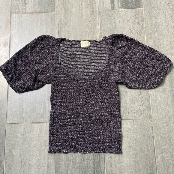 Nation LTD Smocked Puff Sleeve Scoop Neck Cotton Top Gray Black Size Small - Picture 1 of 8
